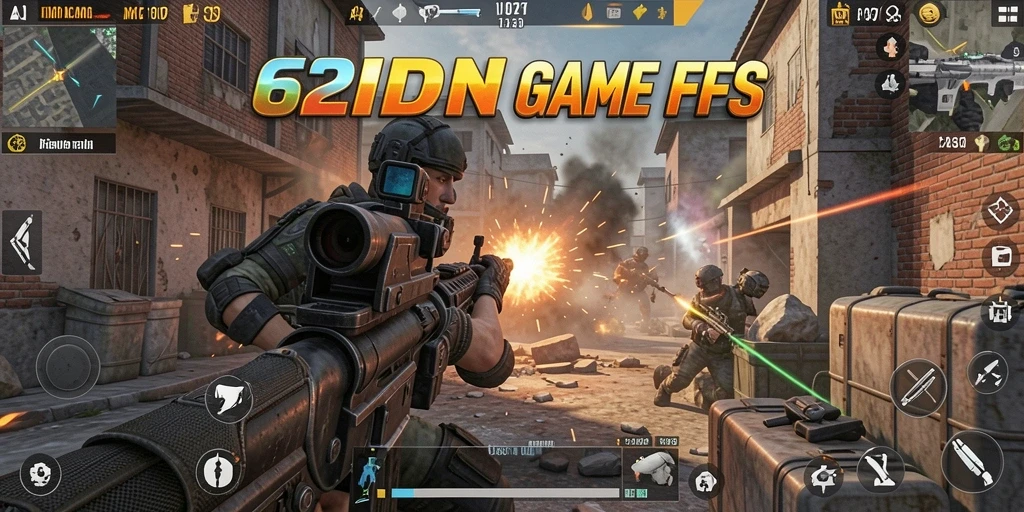 Screenshot gameplay 62IDN menunjukkan aksi tembak-menembak yang intens.