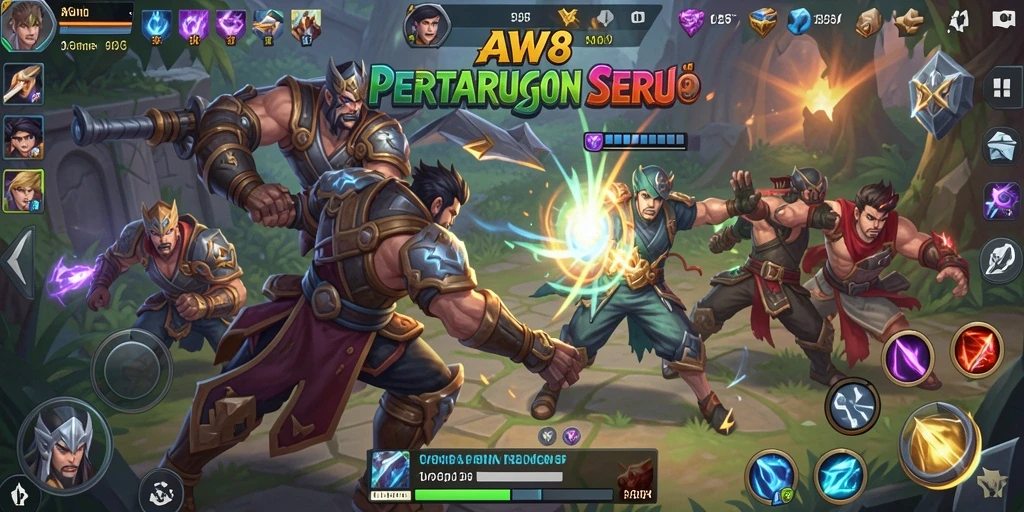 Tampilan gameplay seru AW8 dengan aksi MOBA yang mendebarkan.