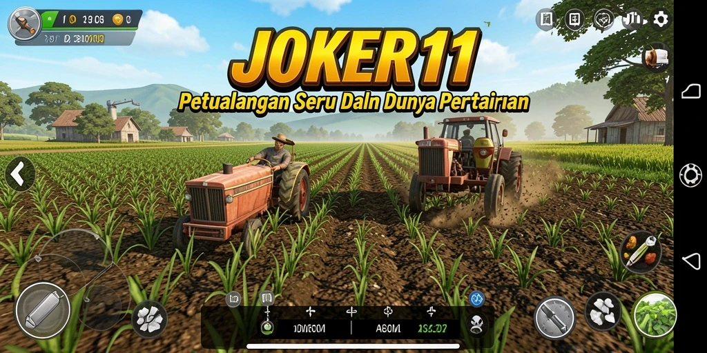 Screenshot utama JOKER11 menampilkan kebun yang rimbun dan tanaman siap panen.