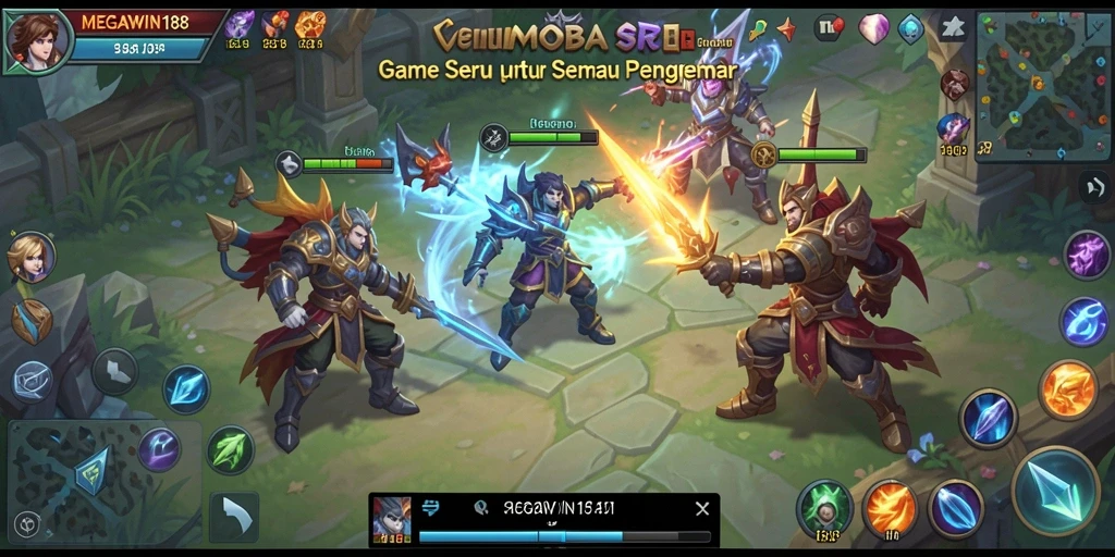 Screenshot gameplay MOBA MEGAWIN188 yang mendebarkan dan penuh aksi.