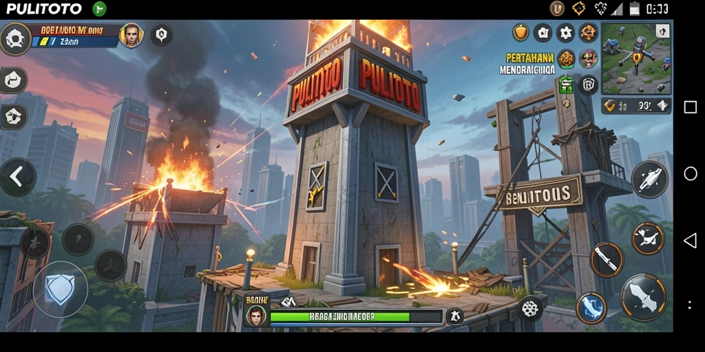 Tampilan gameplay PULITOTO dengan menara dan musuh yang strategis.