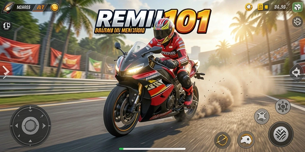 Tampilan balapan seru dengan motor yang siap di lintasan.