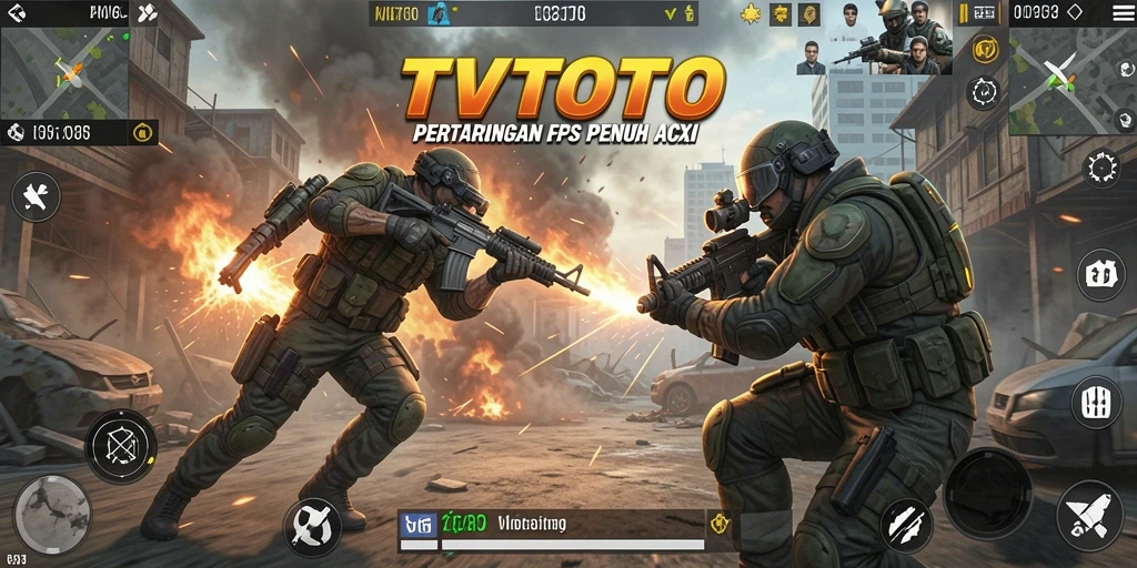 Tampilan gameplay mendebarkan dalam TVTOTO dengan aksi tembak-menembak yang intens.