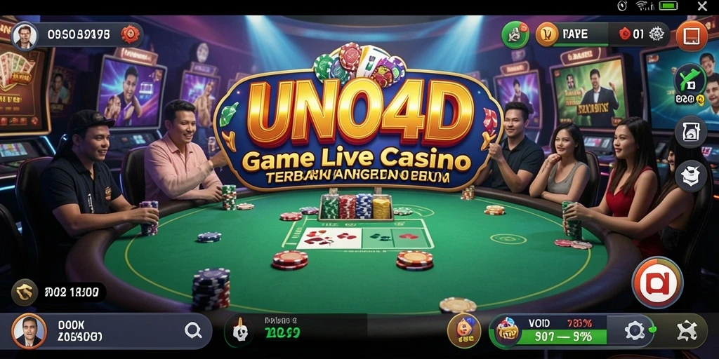 Screenshot gameplay UNO4D menampilkan dealer langsung dan fitur interaktif.